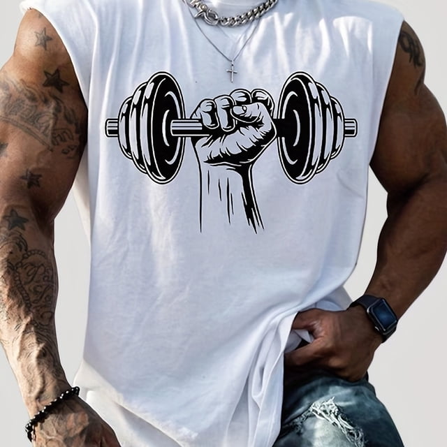 Estampado de mancuernas, camiseta sin mangas con diseño gráfico para hombres, chaleco cómodo informal, camisas sin mangas para el verano, camiseta de ropa para hombres