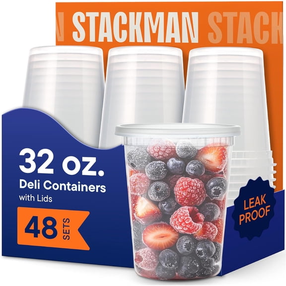 32 oz Deli Containers with Lids (48 Sets) Quart Clear Plastic Food Storage Containers, Airtight Leak-Resistant Seal, BPA-Free, Microwave & Freezer Safe, Meal Prep Soup Takeout to-Go