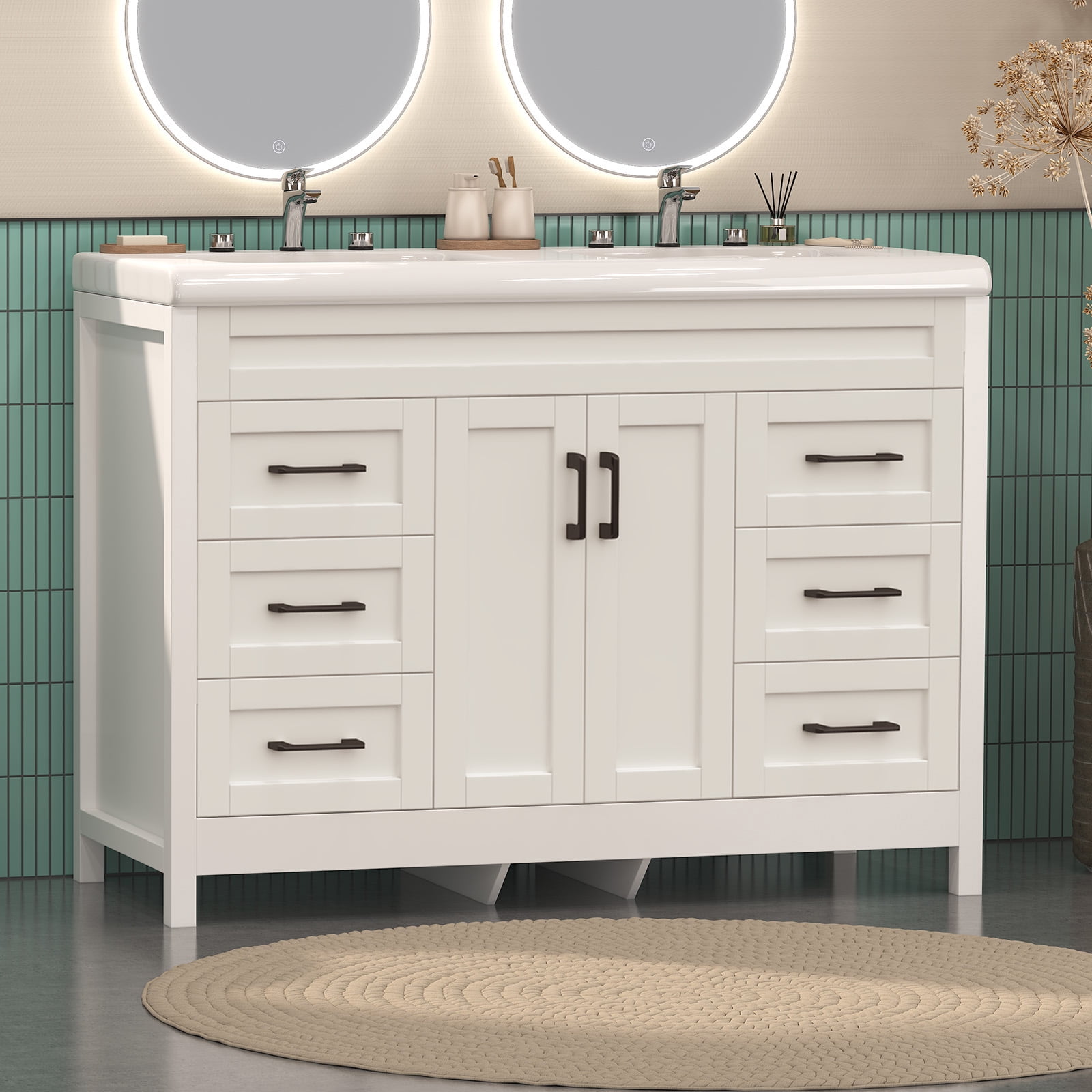 Jarbalai 47" Freestanding Bathroom Vanity with Twin Basin and Cabinet Storage and Drawers, White