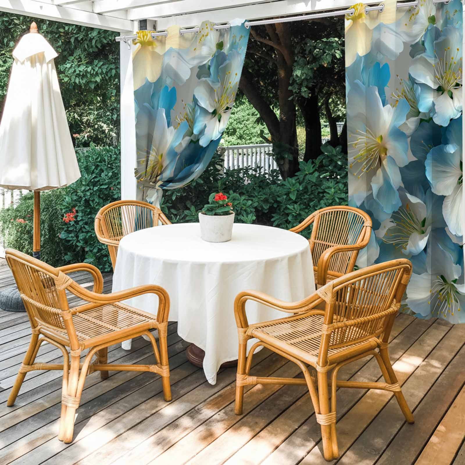 White Floral Outdoor Curtains for Patio, Modern Minimalist White Blue Cherry Blossom Sunshade Privacy Drapes Grommet Waterproof Outside Curtains for Porch/Cabana/Balcony 54"x 108", 1 Panel
