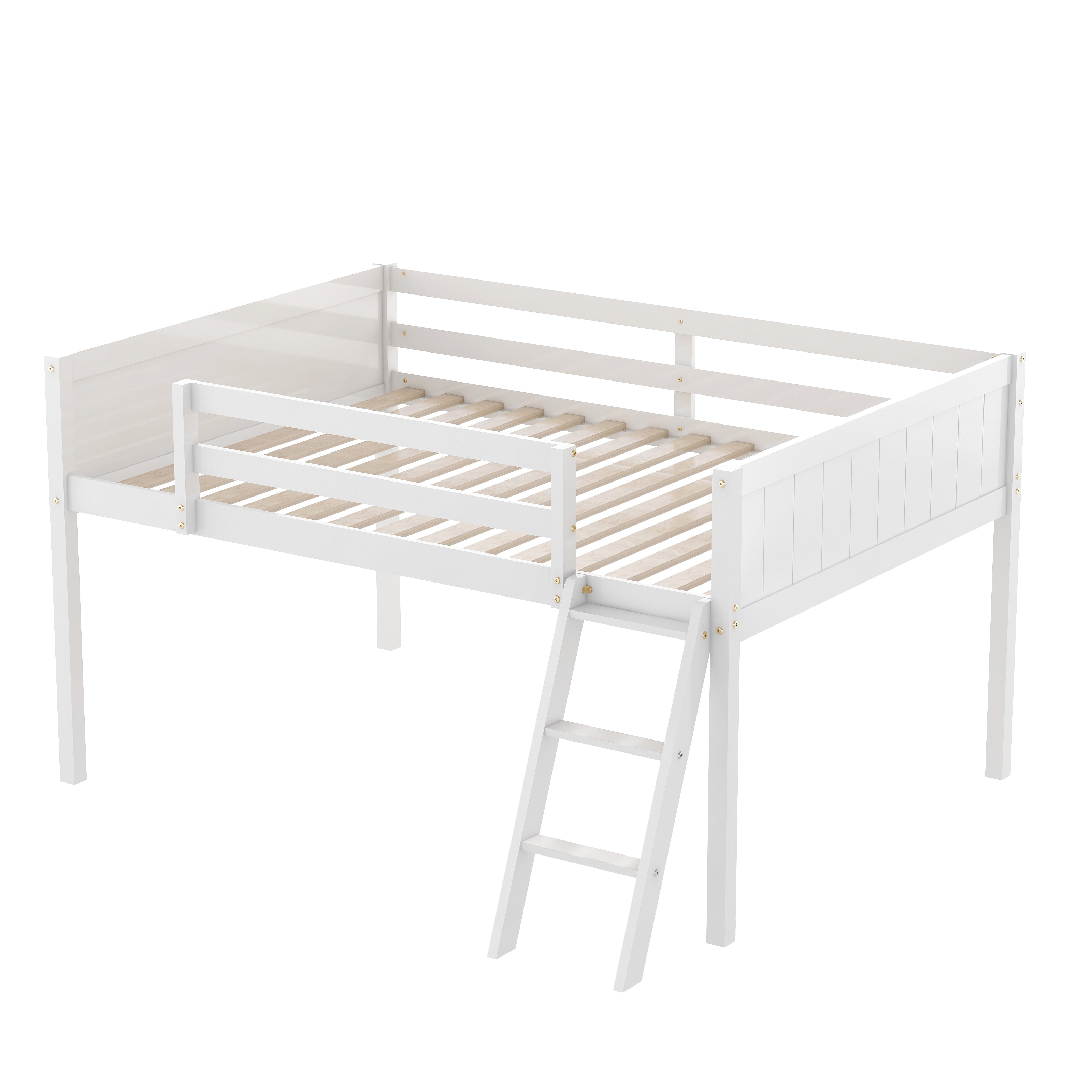MAYEERTY Full Size Wood Low Loft Bed with Ladder, ladder can be placed on the left or right, White