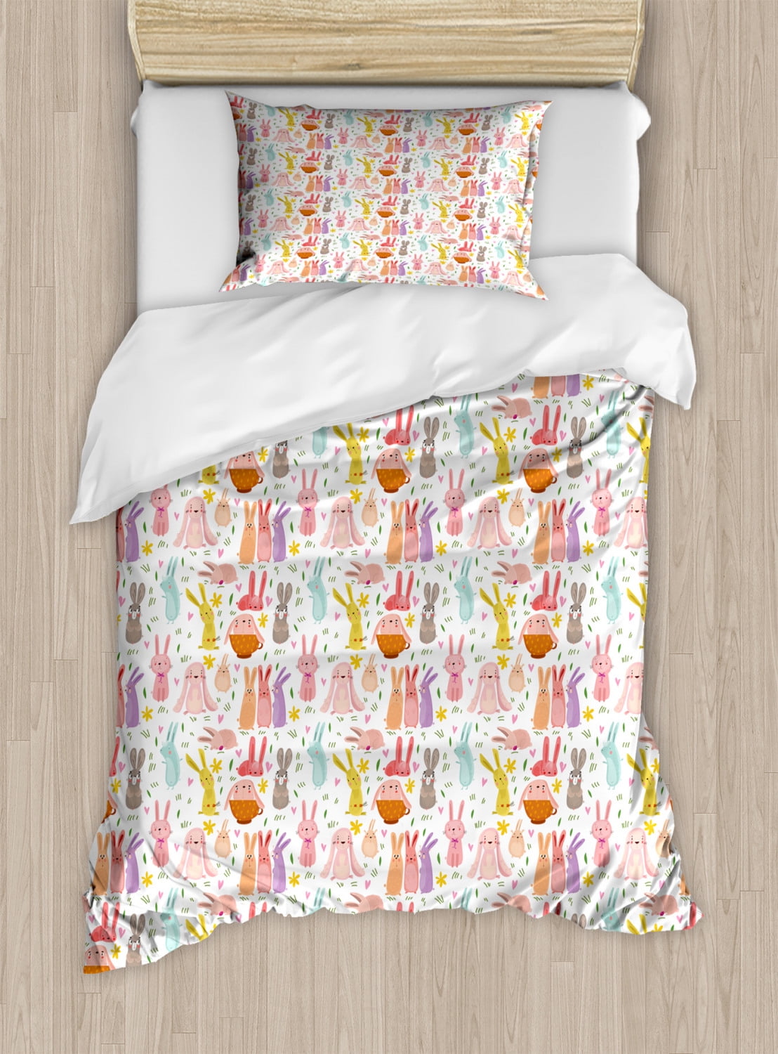 Bunny Duvet Cover Set Twin Size, Cute and Funny Nursery Animals with Flowers Colorful Rabbits