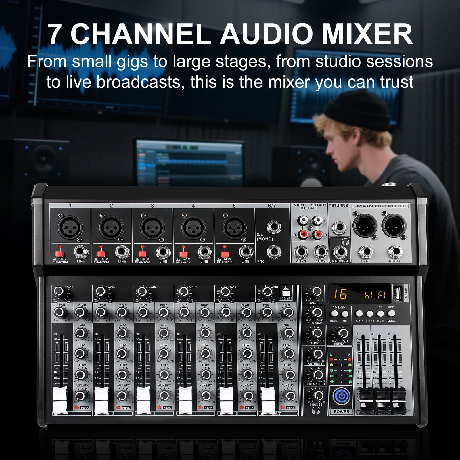 7 Channel Audio Mixer, Portable Audio Mixer w/16 Built-In Preset Sound Effects & USB DJ Sound Mixing Console MP3 Jack 48V Power for Computer Recording, Sounds Mixer Board For Studio Recording