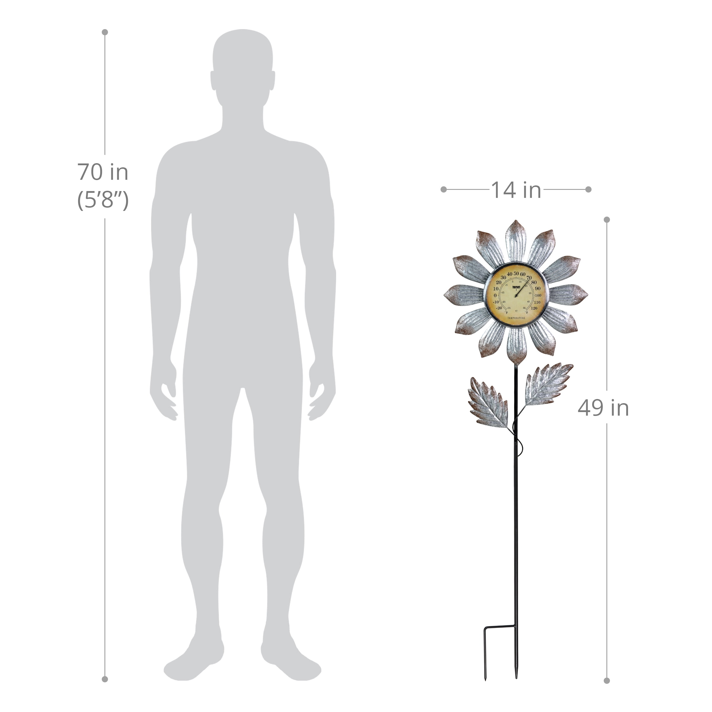 Solar Galvanized Metal Flower Thermometer Garden Stake