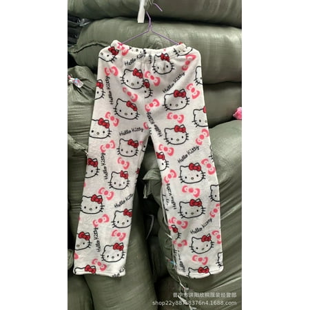 

2023 Sanrio Hello Kitty Pajamas Halloween Flannel Fashion Trouserswomen Kawaii Woolen Anime Cartoon Home Autumn Pants Casual