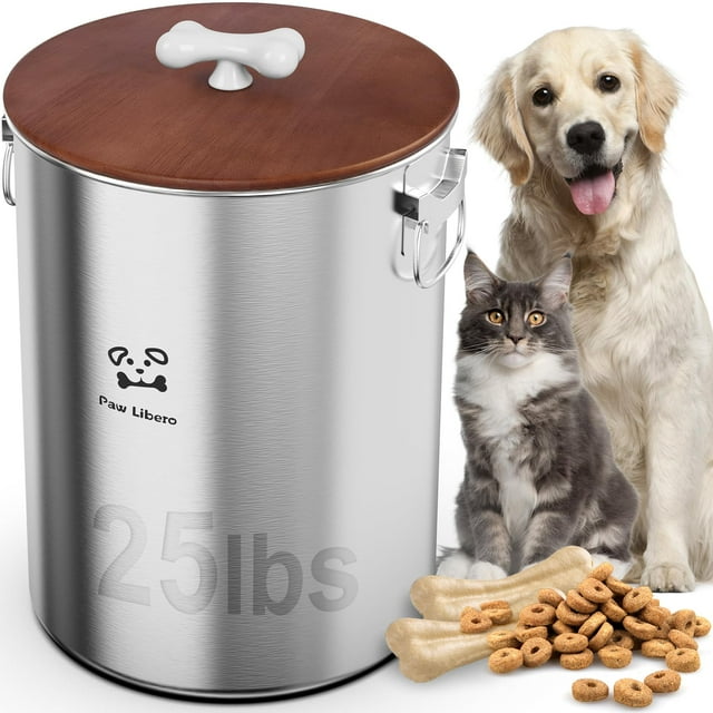 24-25 Lbs Stainless Steel Large Dog Food Storage Container with Airtight Wooden Lid to Keep Fresh, Metal Dog Food Containers with Ceramic Bone Handle, Easy Clean Dog Food Bin, Cat Foo