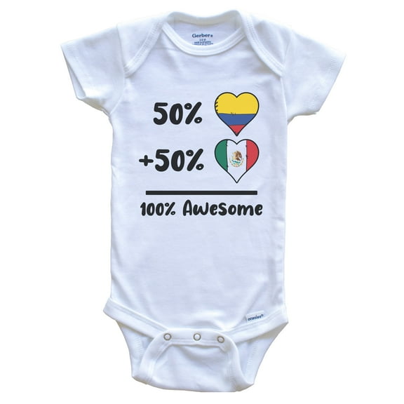 50% Colombian Plus 50% Mexican 100% Awesome Colombia Mexico Heart Flags Baby Bodysuit, 0-3 months white
