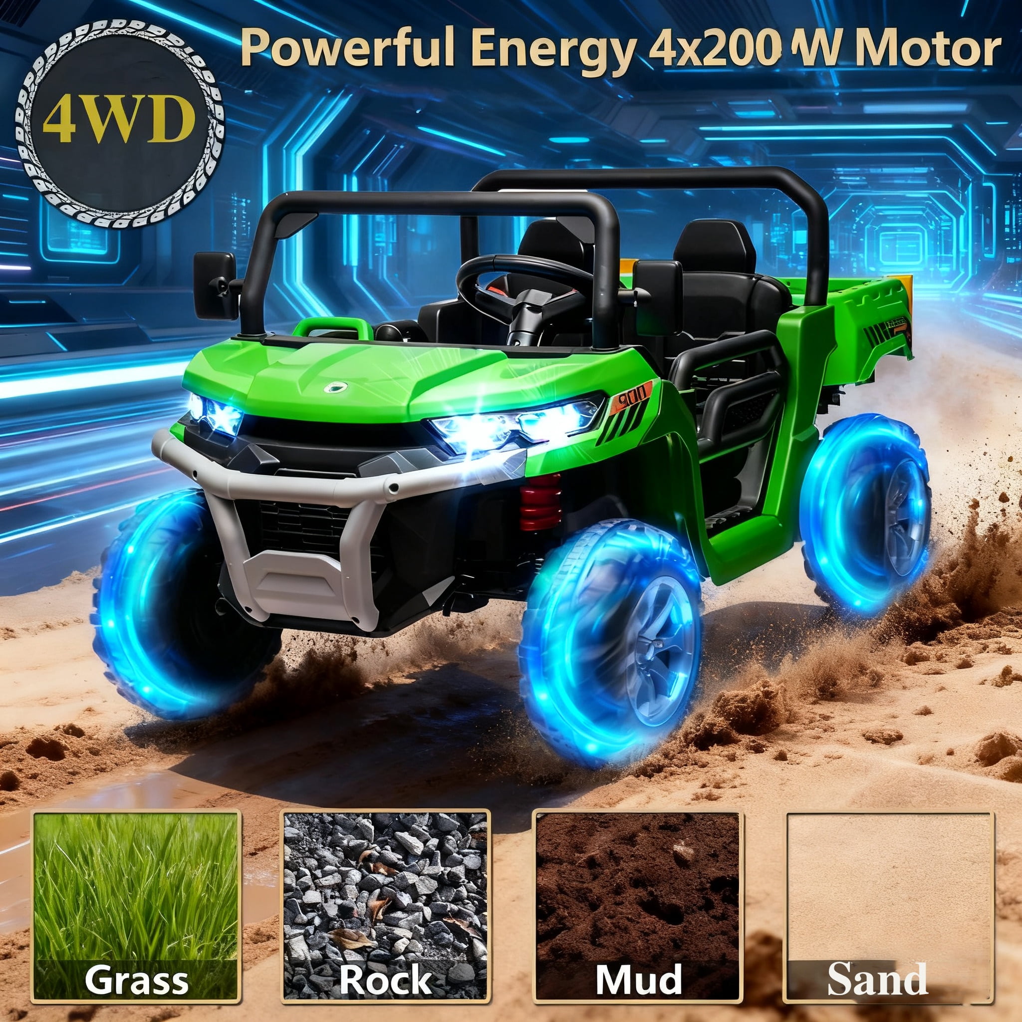 Jorfly 4WD 24V Ride-On Truck with Dump Bed&nbsp;– Power Car Wheels 2-Seater 800W Powered UTV with Remote Control, Bluetooth & LED Lights (Green)