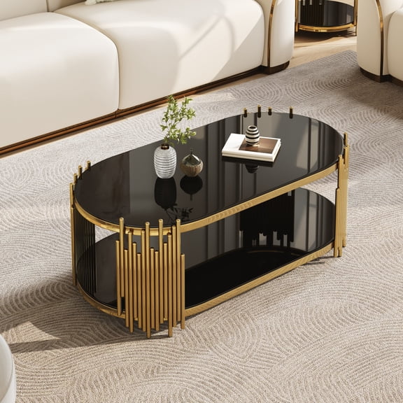 Hommoo Modern Oval Coffee Table with 2-Tier Tempered Glass Shelves, Stainless Steel Organ Pipe Base, Living Room Center Table, Black & Gold