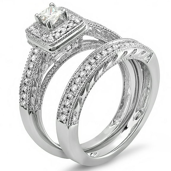 Dazzlingrock Collection 0.75 Carat (ctw) 14k Princess & Round Diamond Ladies Bridal Ring Set Halo Style Engagement Set 3/4 CT, White Gold, Size 7