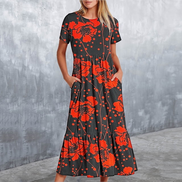 Robes pour Femmes Été 2024, Robe Longue Ample à Manches Courtes, Col Rond, Imprimé Fleurs, 50 % de Réduction!