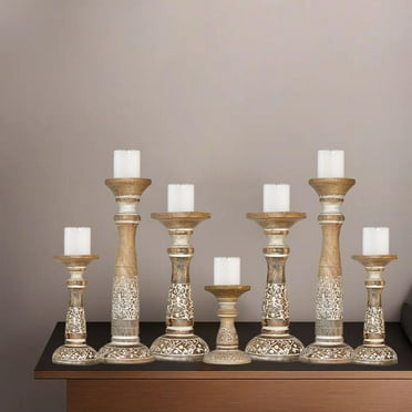 Traditional White Wash Eco-friendly Handmade Mango Wood Set Of Seven 15",12",9",6",9",12" & 15" Pillar Candle Holder for use, Living Room, Dinning Room, Study Room, Restaurants, Place Of Worship, etc