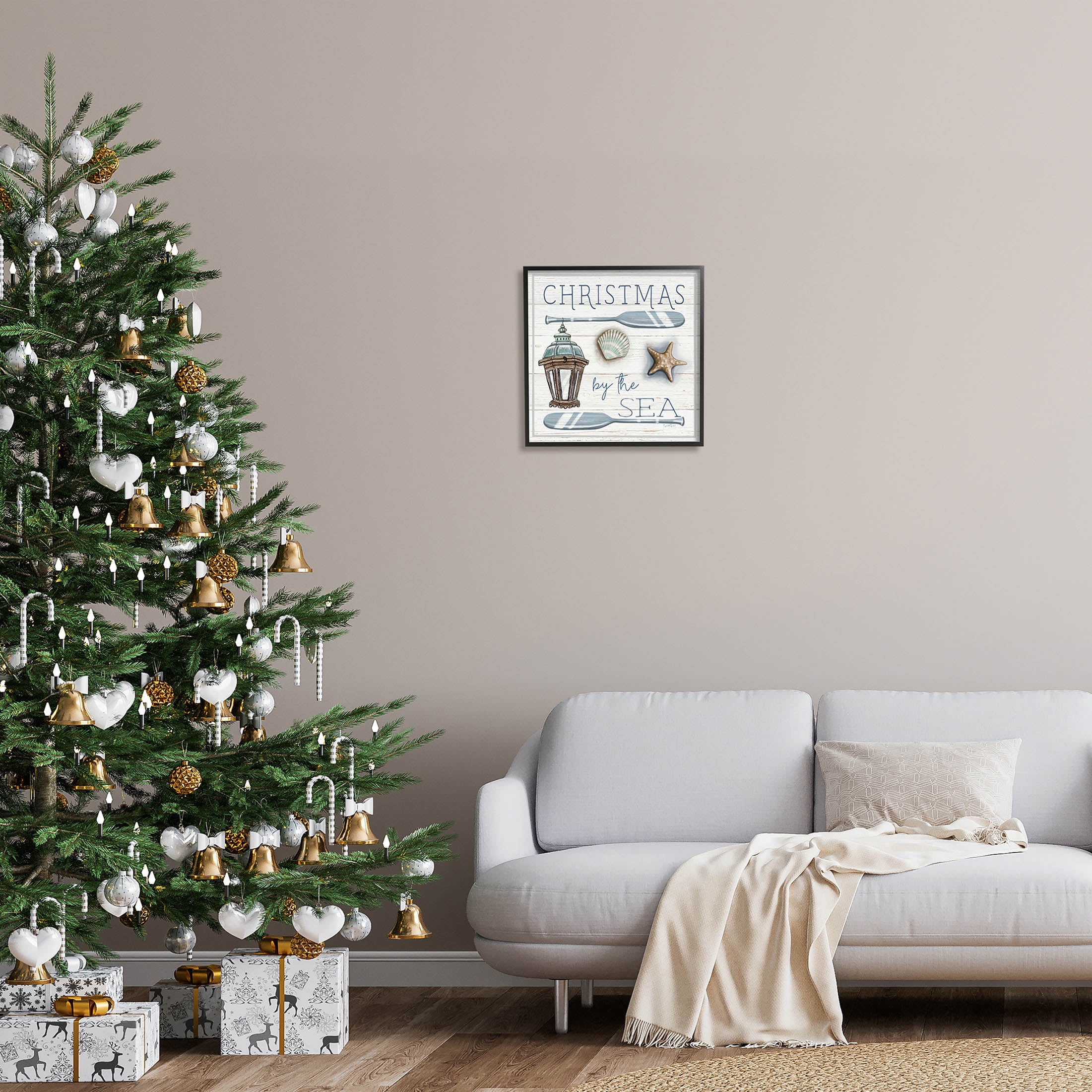Stupell Industries Christmas By The Sea Phrase Graphic Art Black Framed Art Print Wall Art, Design by Elizabeth Tyndall