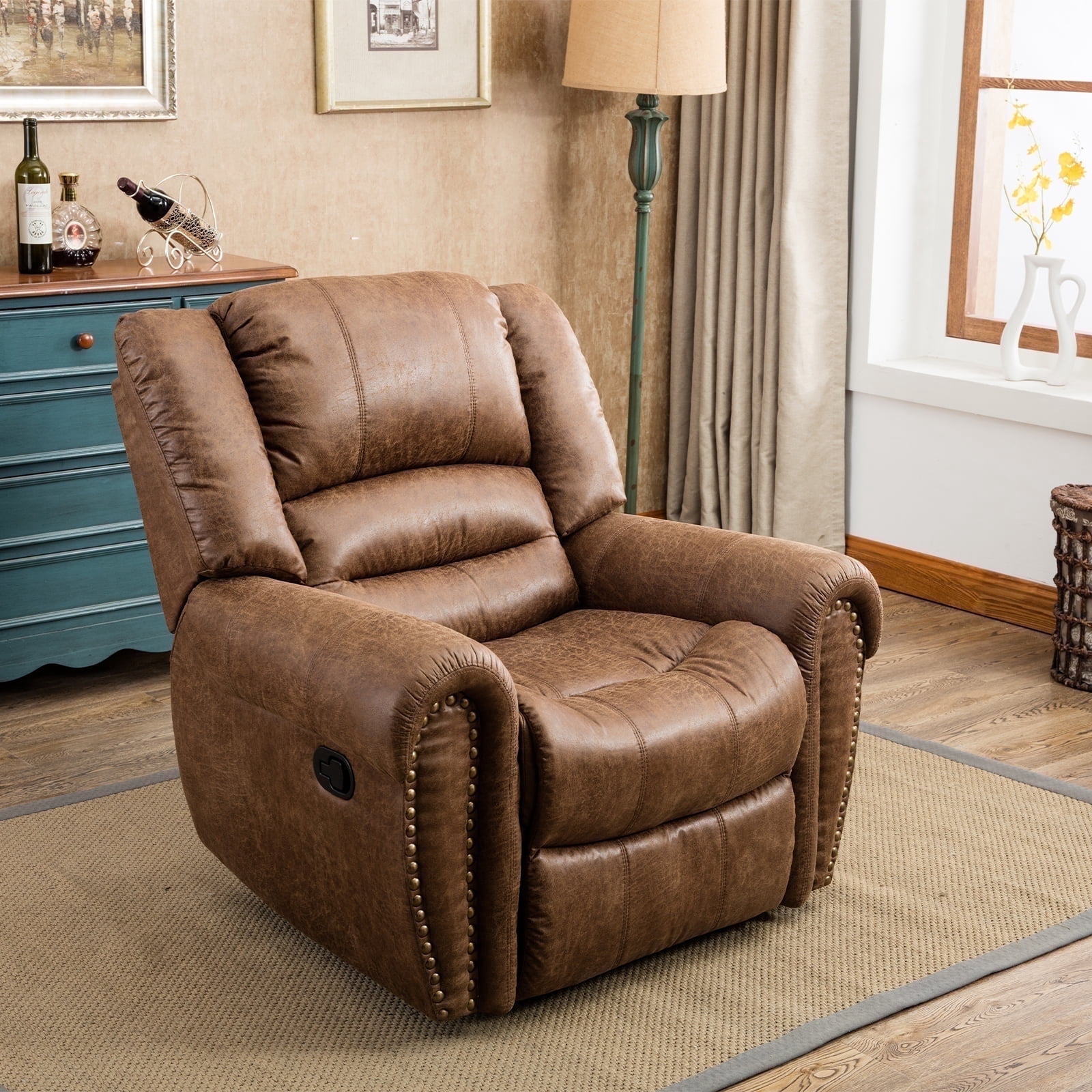 Bonzy Home Recliner Comfortable Arms and Back Single Reclining Chair Sofa for Living Room Bedroom, Brown