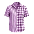 thumbnail image 4 of Button Down Shirts for Women Collared Shirt Short Sleeve Plaid Stripe Patchwor Linen Summer Tops, 4 of 6
