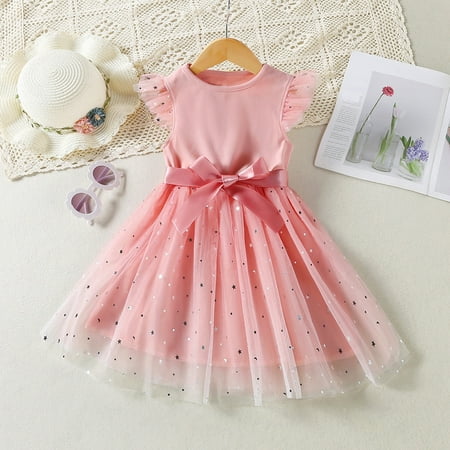 

FZM Christmas Kids Toddler Children Baby Girls Bowknot Ruffle Short Sleeve Tulle Birthday Dresses Patchwork Party Dress Princess Dress Outfits Clothes