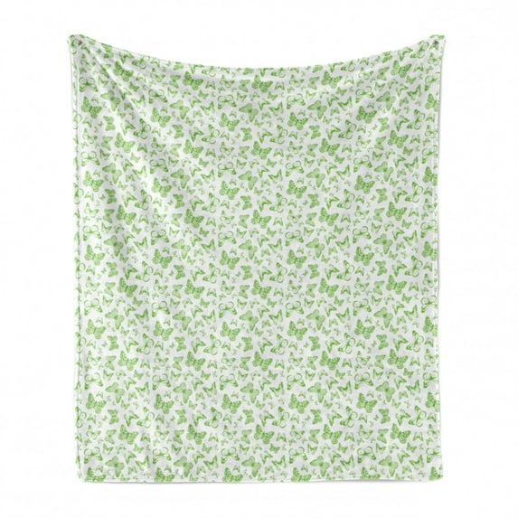 Butterfly Soft Flannel Fleece Throw Blanket, Monochrome Illustration of Various Models Detailed Moths Insects Art, Cozy Plush for Indoor and Outdoor Use, 60" x 80", Lime Green and White, by Ambesonne