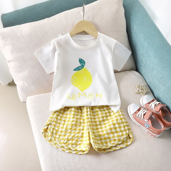 Girls' Clothing Sets Size 8 Girls Summer Outfits 6 12 Months Fruit Plaid Print Short Sleeve T-Shirts   Shorts Set 2Pcs Baby Girl Summer Outfits