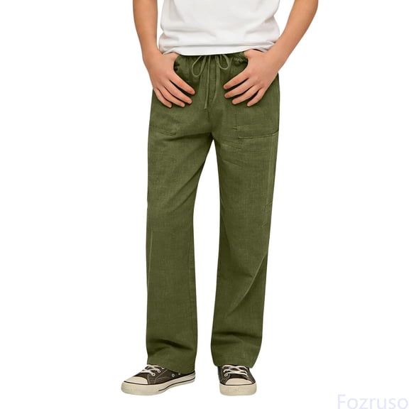 Fozruso Breathable Linen Pants For Boys Straight Leg Casual Pants Comfortable Kids Long Pants With Elastic Waist For Daily Play Straight Fit School Pants Sizes 6-7 Years(Green)
