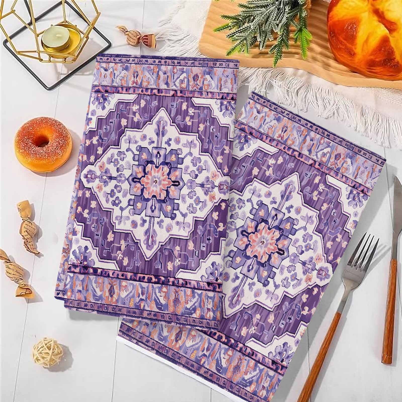 Dish Towels, Purple Bohemian Absorbent Kitchen Towels 2 PCS, Vintage Medieval Mural Microfiber Hand Towels Dish Cloths Tea Towels for Home&nbsp;Bathroom Cleaning Drying,18X28-Inch,