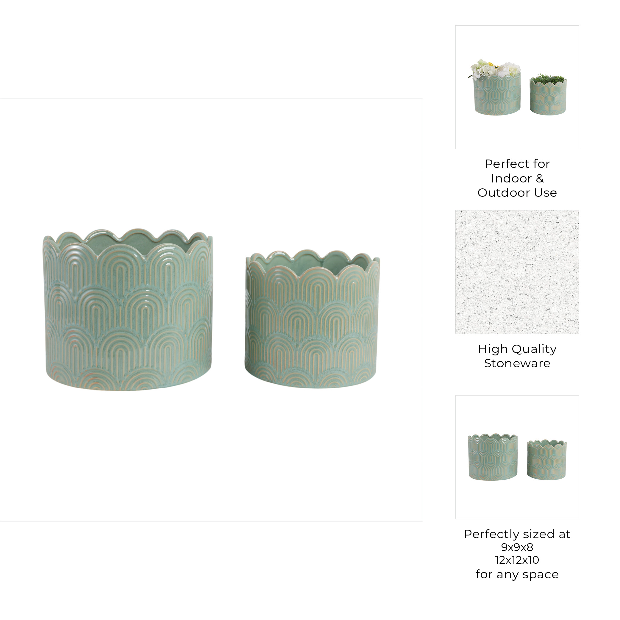 Ceramic Flower Pots and Planters for Home Decor - Indoor or Outdoor Plant Pots for Succulents, Herbs, and Orchids - Decorative Pots for Living Room, Bedroom, or Office Set of 2 - 10", 8" Green