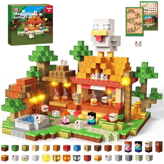 200PCS Magnetic Blocks with Light Up Blocks - Magnet Building Blocks, Stacking Magent Cubes Roast Chicken Store Theme, STEM Montessori Sensory Toys for Kids Boys Girls Ages 3 Birthday Gift