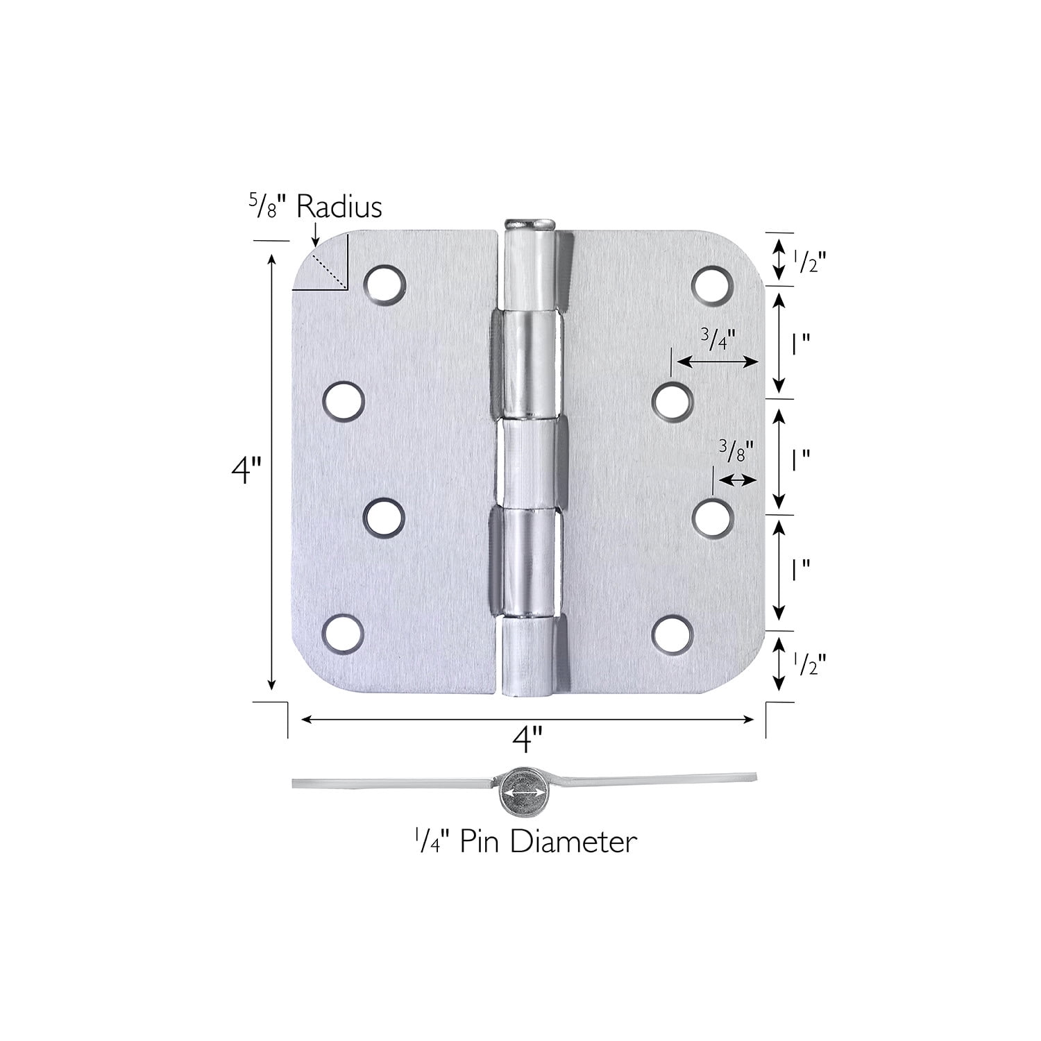 Brushed Chrome Steel Plain Bearing Door Hinge with Removable Pin, 4 x 4 in. 5/8 in. Radius, 3-Pack