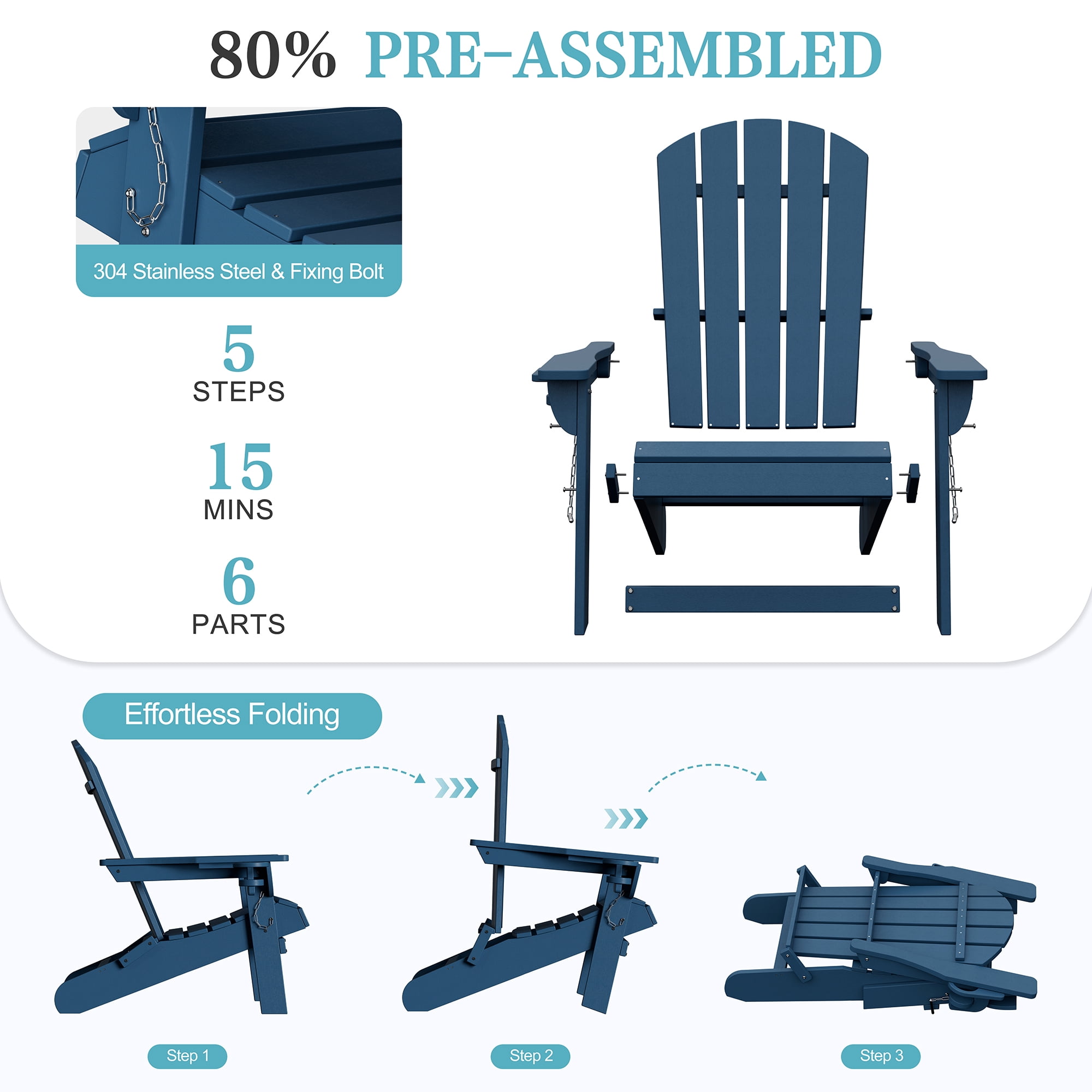 Walsunny Folding HDPE Adirondack Chair Set of 4,All-Weather Outdoor Fir Pit Chairs with Cup and Phone Holder for Outdoor Patio Garden Backyard,Blue