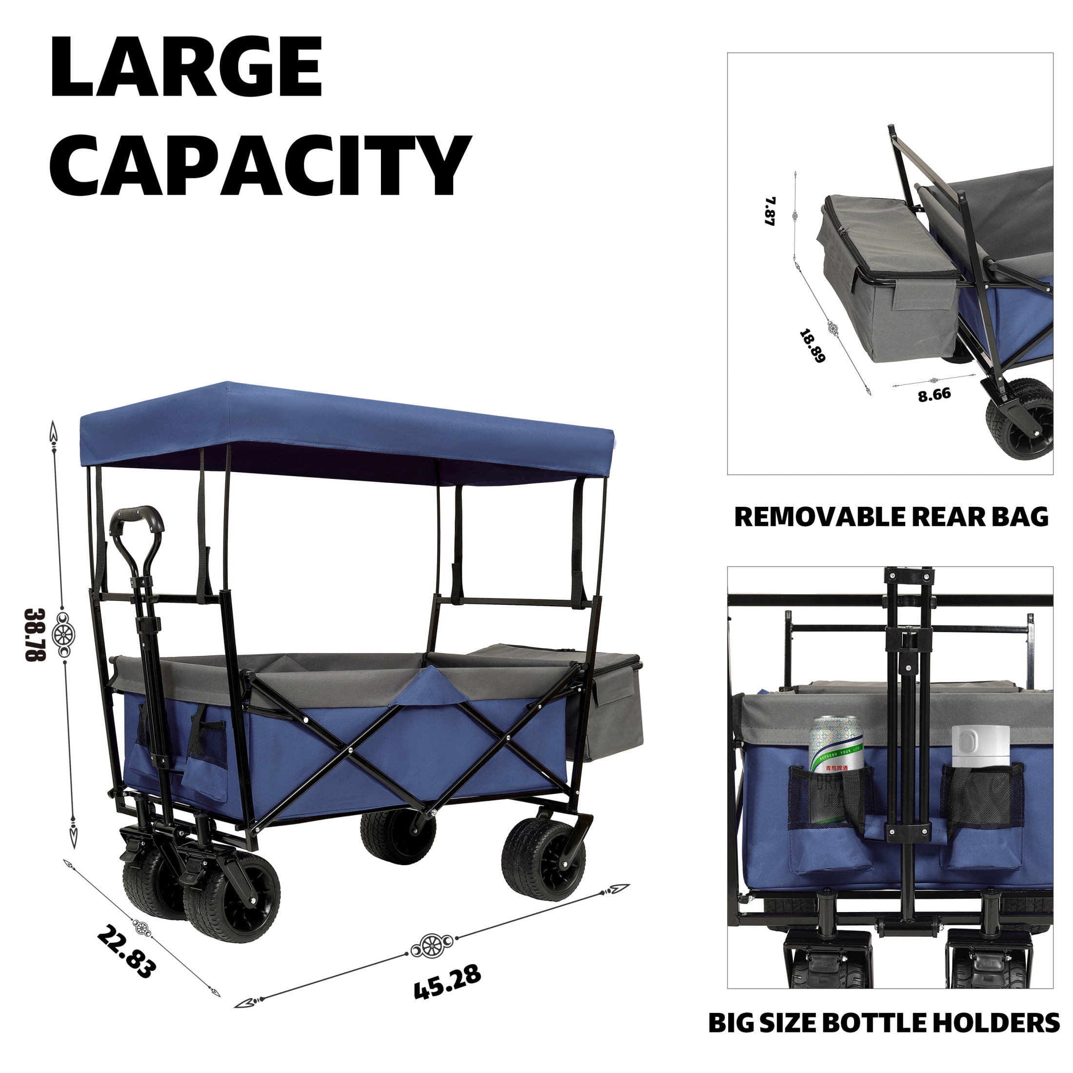 GDF Studio Collapsible Wagon Stroller with Removable Canopy and Mosquito Net, 7" All-Terrain Wheels, Dark Blue