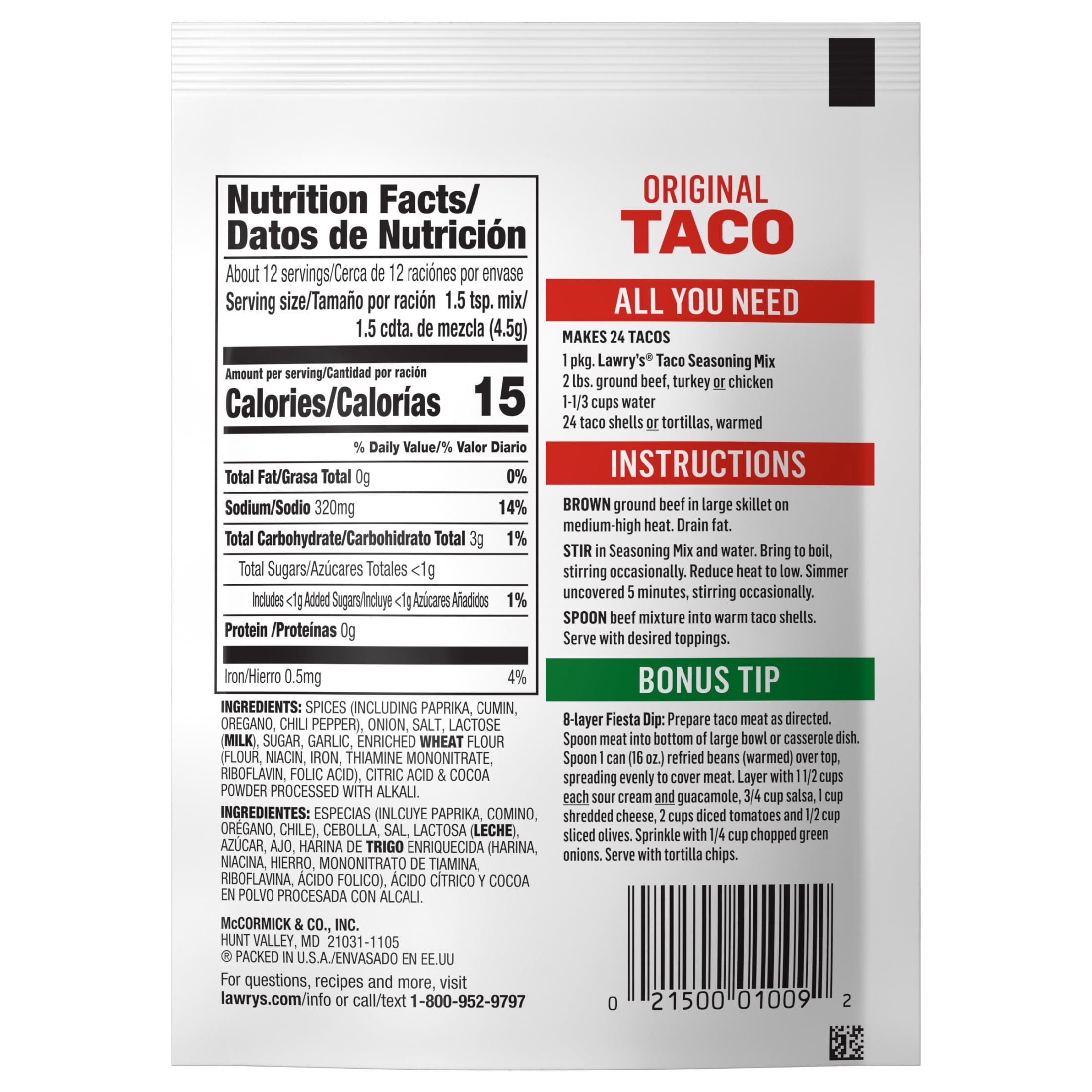 (2 pack) Lawry's Family Size Original Taco Seasoning Mix, 2.0 oz Packet
