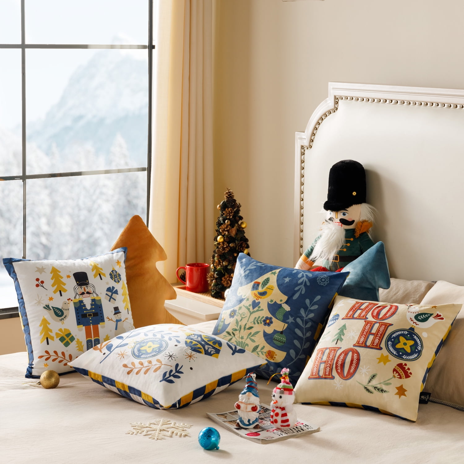 Christmas Nutcracker Velvet Decorative Pillows, Color Blocking Printed Christmas Series, 18" x 18", Blue and Gold, Set of 4