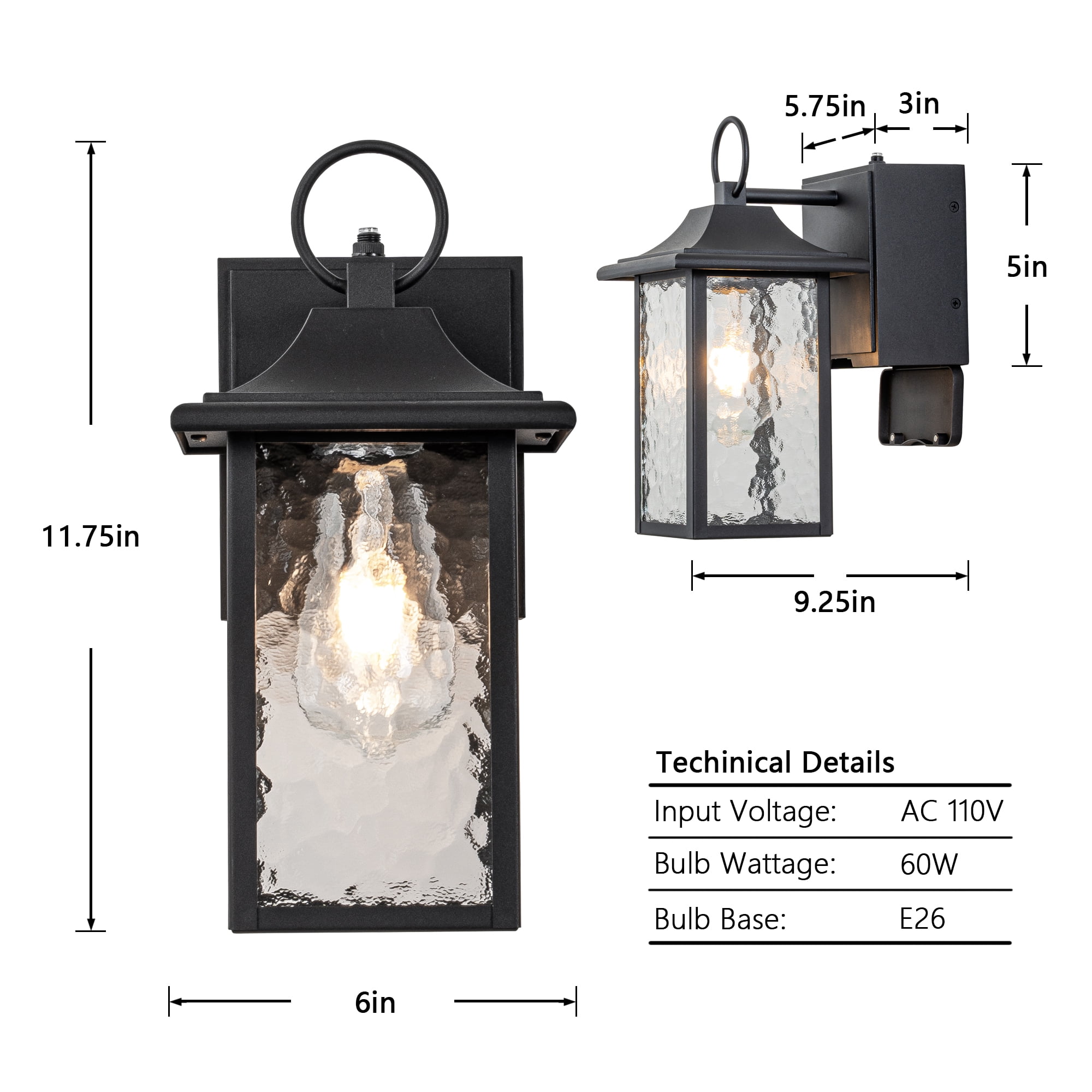 Dusk to Dawn Outdoor Wall Light with GFCI outlet, Hammer Glass