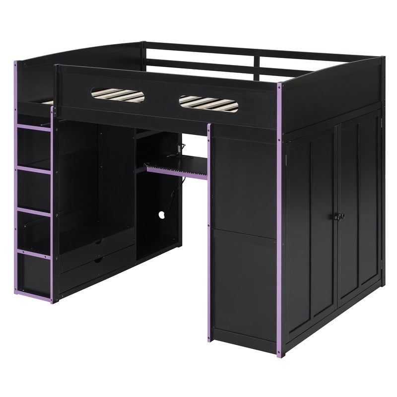Full Size Wooden Loft Bed with Desk, Wardrobe and Storage Shelves, Gaming Loft Bed Frame with RGB LED Light, USB Charging Port and Built-In Workstation for Bedroom