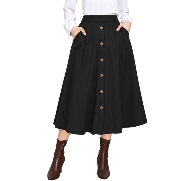 TEMOFON Womens Midi Skirt High Waisted A Line Skirt Button Front Long Skirt Casual Winter Skirt Fall Fashion Skirt for Women Black