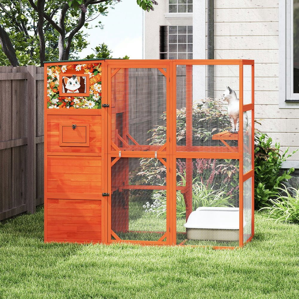 Resenkos Tall 70" Outdoor Cat Catio, 4-Level Windowed Cat Enclosure, Weatherproof Roof, 2 Cozy Rooms, 2 Platforms, Orange With Colorful Patterns