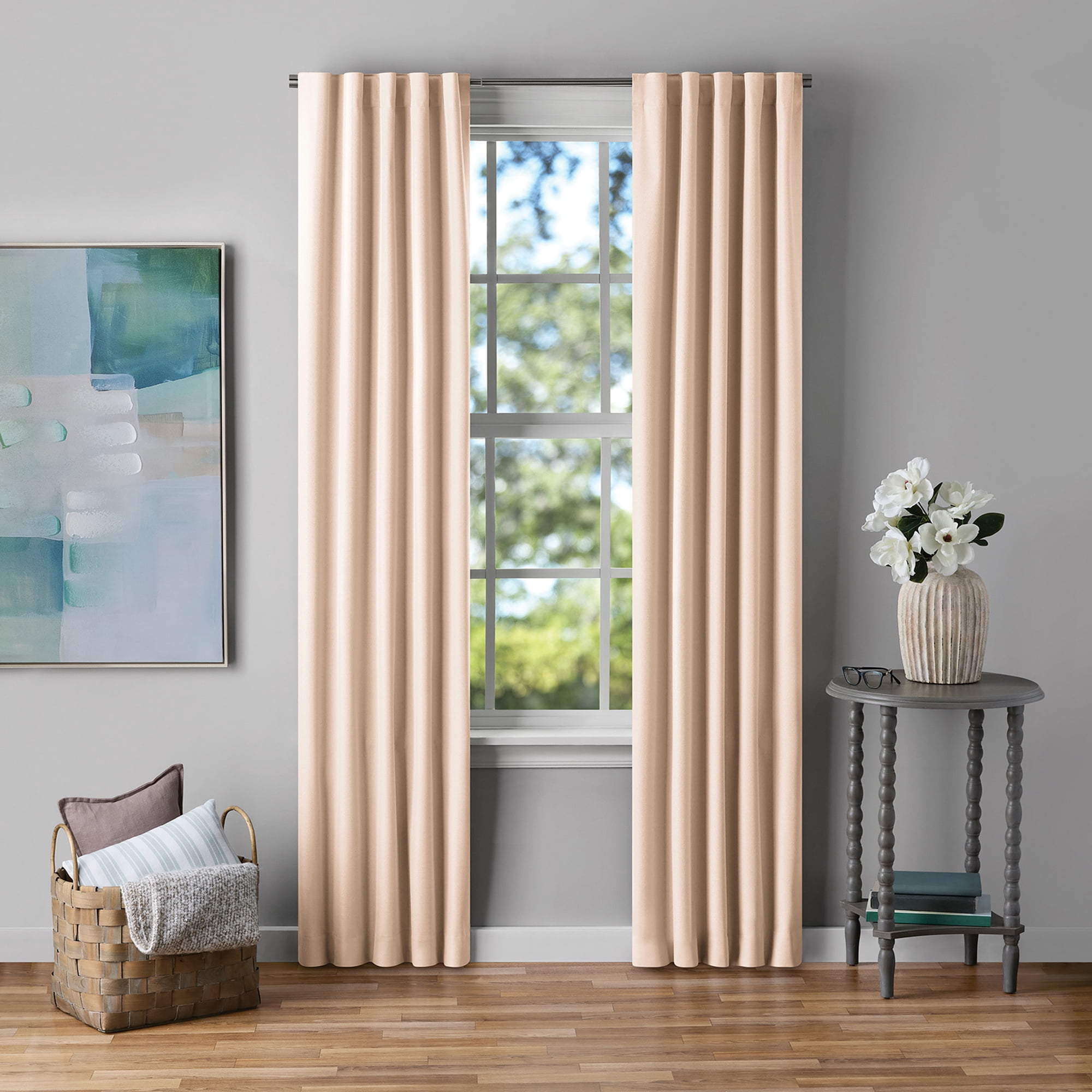 Mainstays Beige Solid Blackout Rod Pocket with Back Tabs Curtain Panel Pair, Set of 2, 30" W x 84" L
