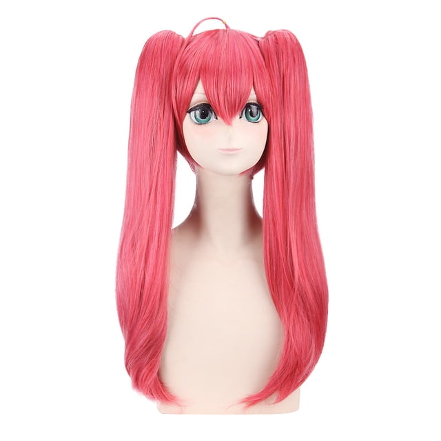Peluca de cosplay rosa y roja con coletas gemelas largas con flequillo en capas