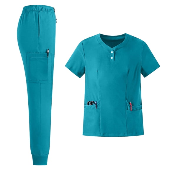 JULMCOMO Scrubs for Women Quick Dry Henley Short Sleeve Comfortable Medical Uniforms Hospital Work Two Piece Scrub Sets with Multi Pockets Cyan 2XL