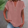 thumbnail image 2 of JIAYUE Women's Shirt Elegant Solid V-Neck Collar Button Front Short Sleeve Shirts For With Pocketless Design Breathable Knit Blouse Tops For Casual And Wear, 2 of 4