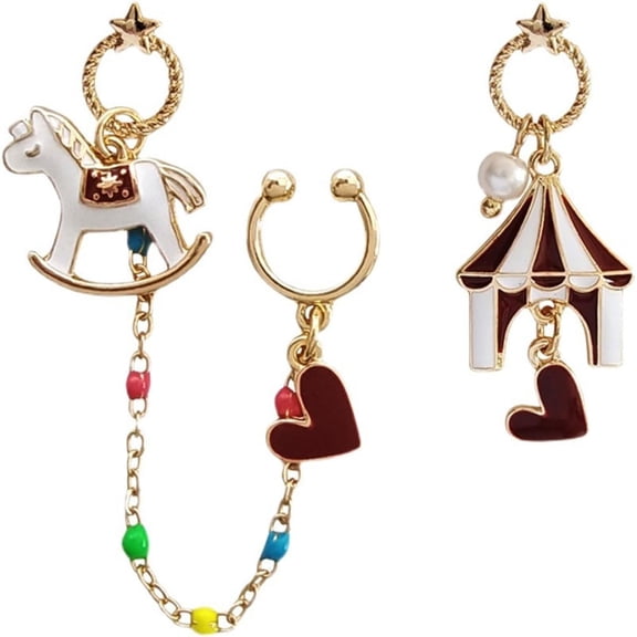 Asymmetrical Enamel Amusement Park Hoop Earrings for Women Gold-Toned Baroque Pearls Cartoon House Horse Circus Small Huggie Hoops Earring Red Heart Chain Tassel Hooped Ear Piercing Cuff Post Jewelry