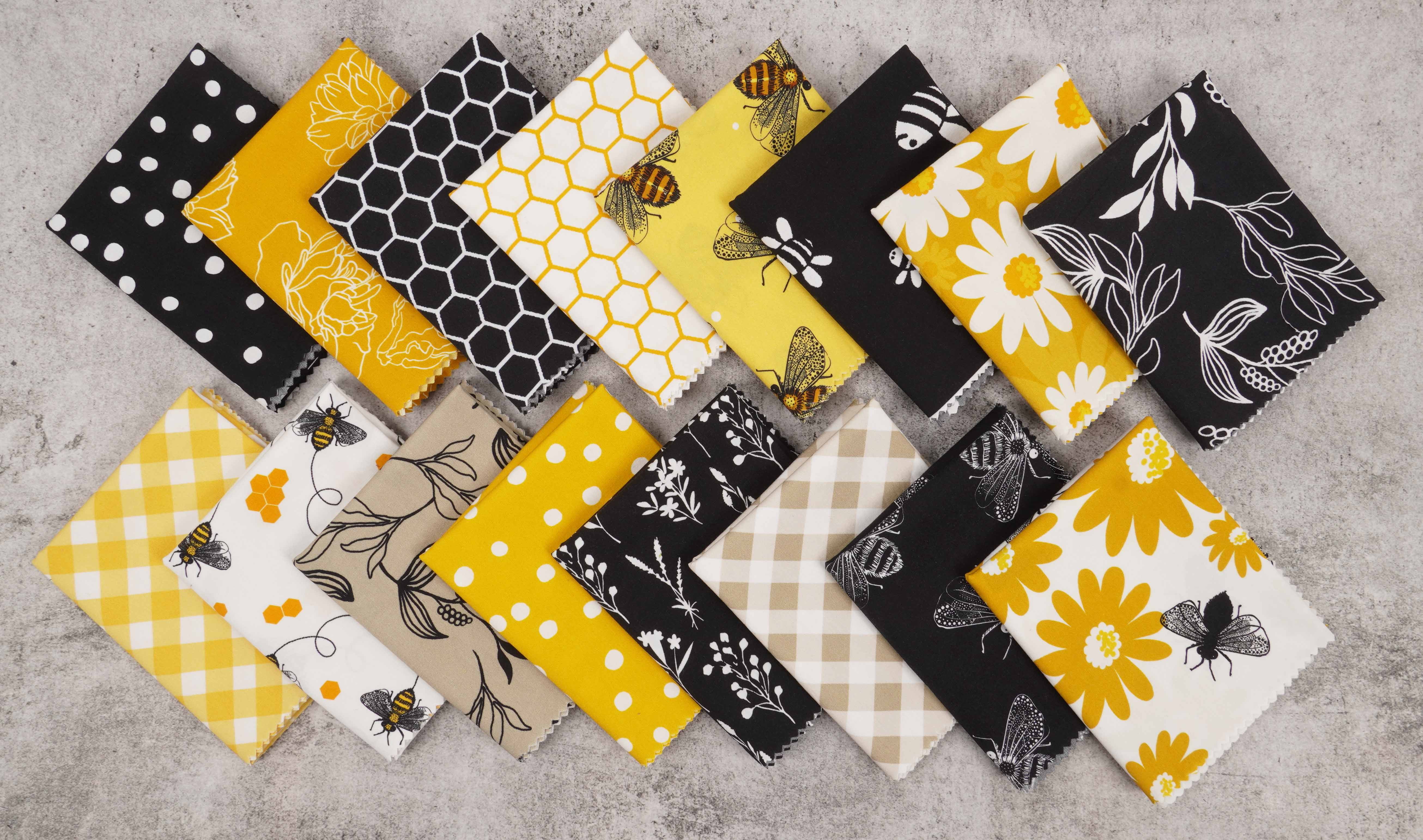 Soimoi 16 Pc Fat Quarter Bundle-Honey BeesPrint 18"x 22"DIY Patchwork-100% CottonPre-Cut Quilting Fabric White-Yellow & Black