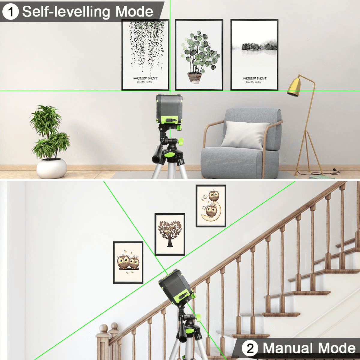 Huepar Green Beam Self-leveling Laser Level Cross Line Laser Level Tools with Rechargeable Li-ion Battery and Pulse Mode