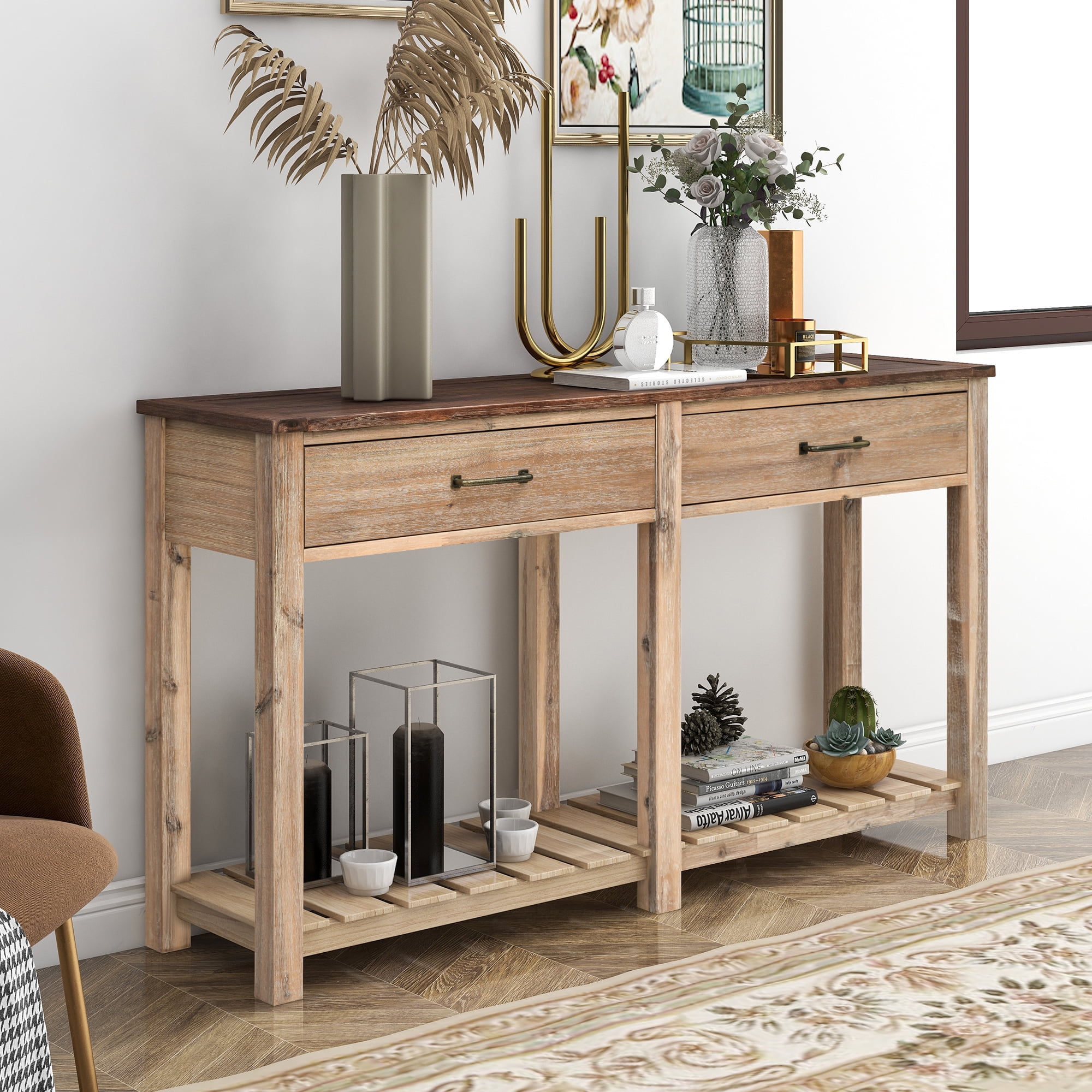 Solid Wood Console Table Classic Entryway Table with 2 Storage Shelf 3  Drawers