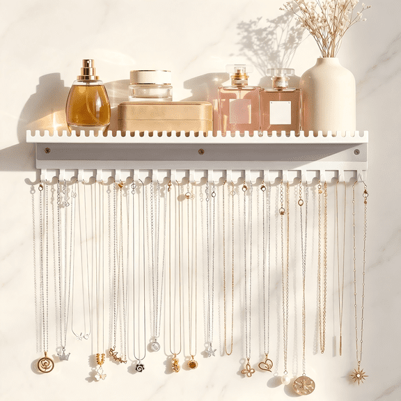 Necklace Holder Wall Hanging Organizer, Wall Mounted Jewelry Shelf with 56 Hooks and Tray, Display Hanger for Kids Girls and Women, White Metal