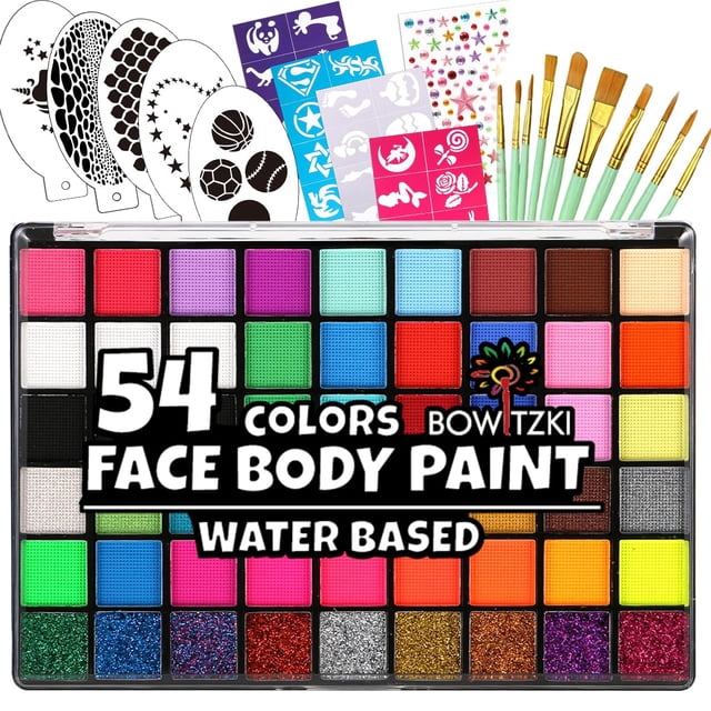 Kit de pintura facial Bowitzki de 54 colores con plantillas, purpurinas y pinceles