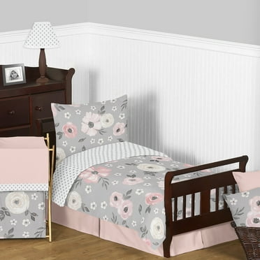 Sweet Jojo Designs Watercolor Floral Grey and Pink Toddler Bed Comforter 5 Piece Bedding Set