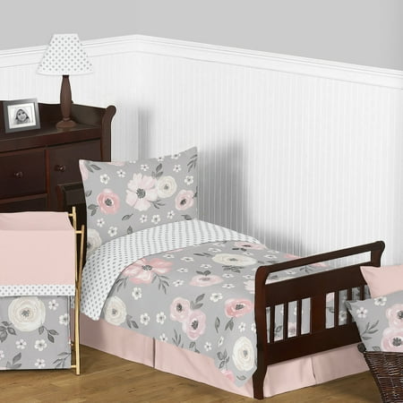UPC: 0846480076179 | Watercolor Floral Grey Pink Toddler Bed Comforter Bedding Set by Sweet Jojo Designs
