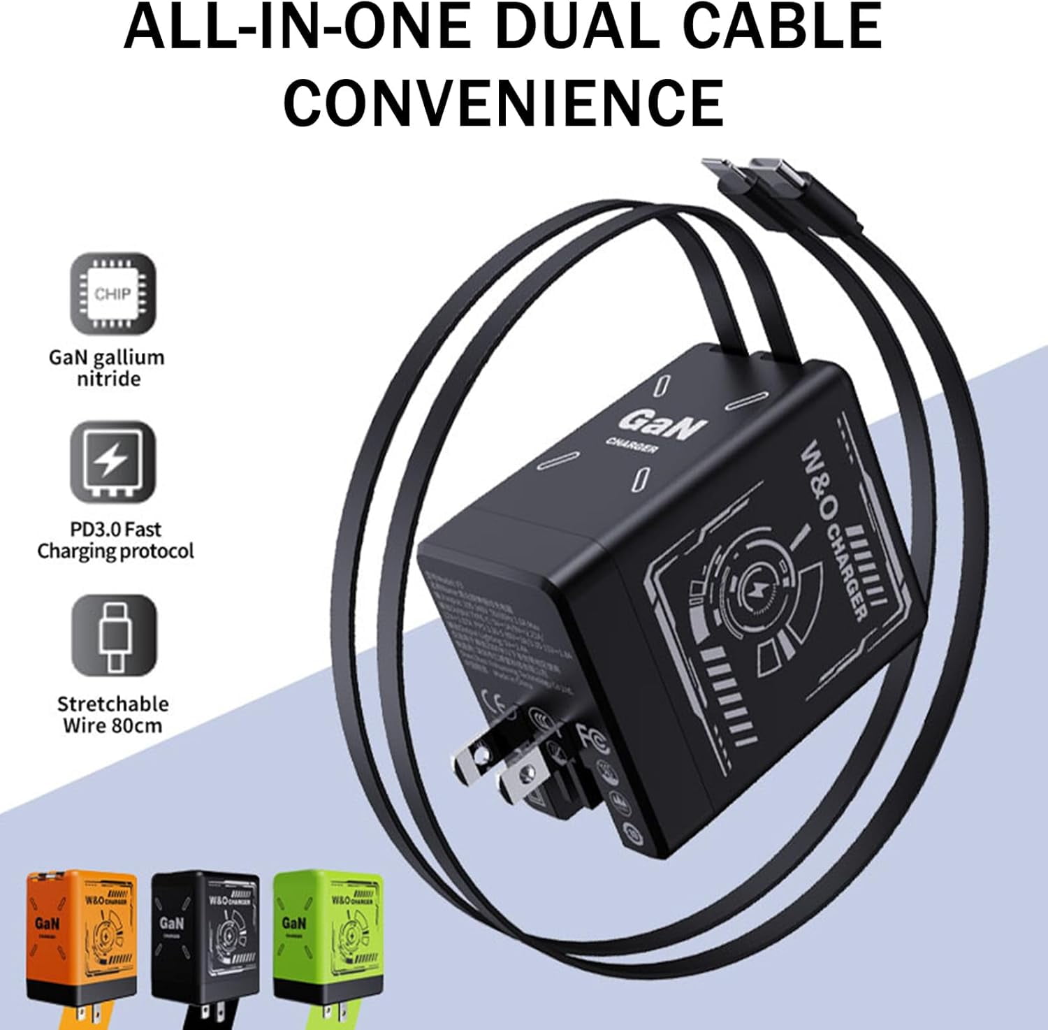 2-in-1 Gan 35w Fast Charger – Dual Cable Wall Plug with Type-C & L Cables, Dual Output, Foldable Plug, for Home, Travel, Office, Multiple Devices