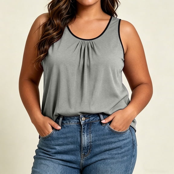 Qulqfy Flowy Women Tank Tops Solid Scoop Neck Sleeveless Plus Size Knit Beach Summer Casual Dressy Gray Graphic Shirts 2XL