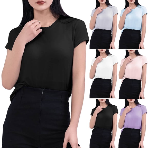 Hrsba Crew Neck Thin Stretch Tops for Women Short Sleeve Solid Color Casual Loungewear Layering Tees Summer Soft Breathable Lightweight Shirt